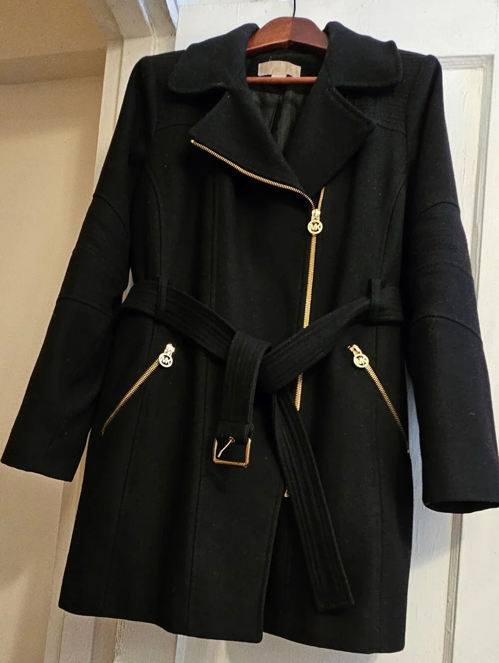 Michael Kors Black Belted Wool-Blend Coat with Gold-Tone Zippers